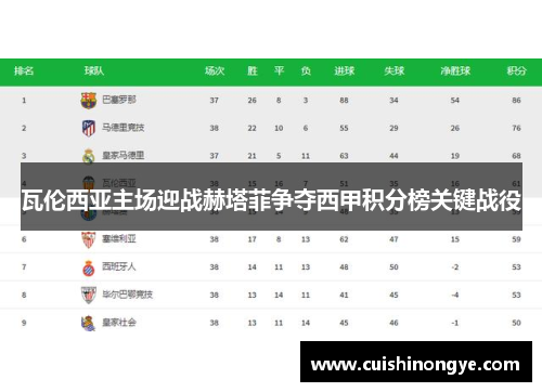 瓦伦西亚主场迎战赫塔菲争夺西甲积分榜关键战役